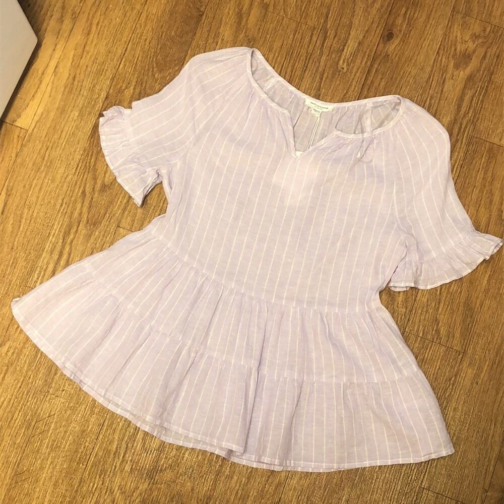 beachlunchlounge Purple and White Striped Akia Ruffle Peasant Shirt Size XS
